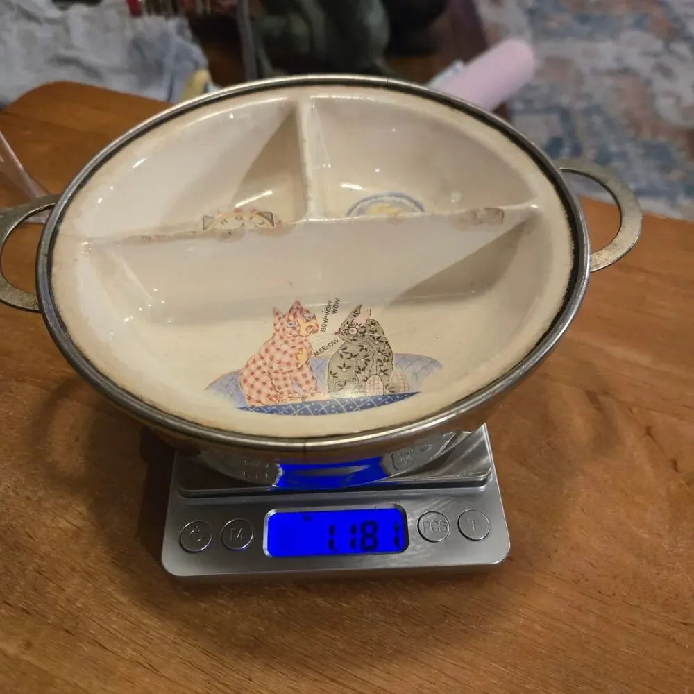 Vintage Excello Baby Food Warming Dish Cats Clocks Moon Divided Ceramic Plate